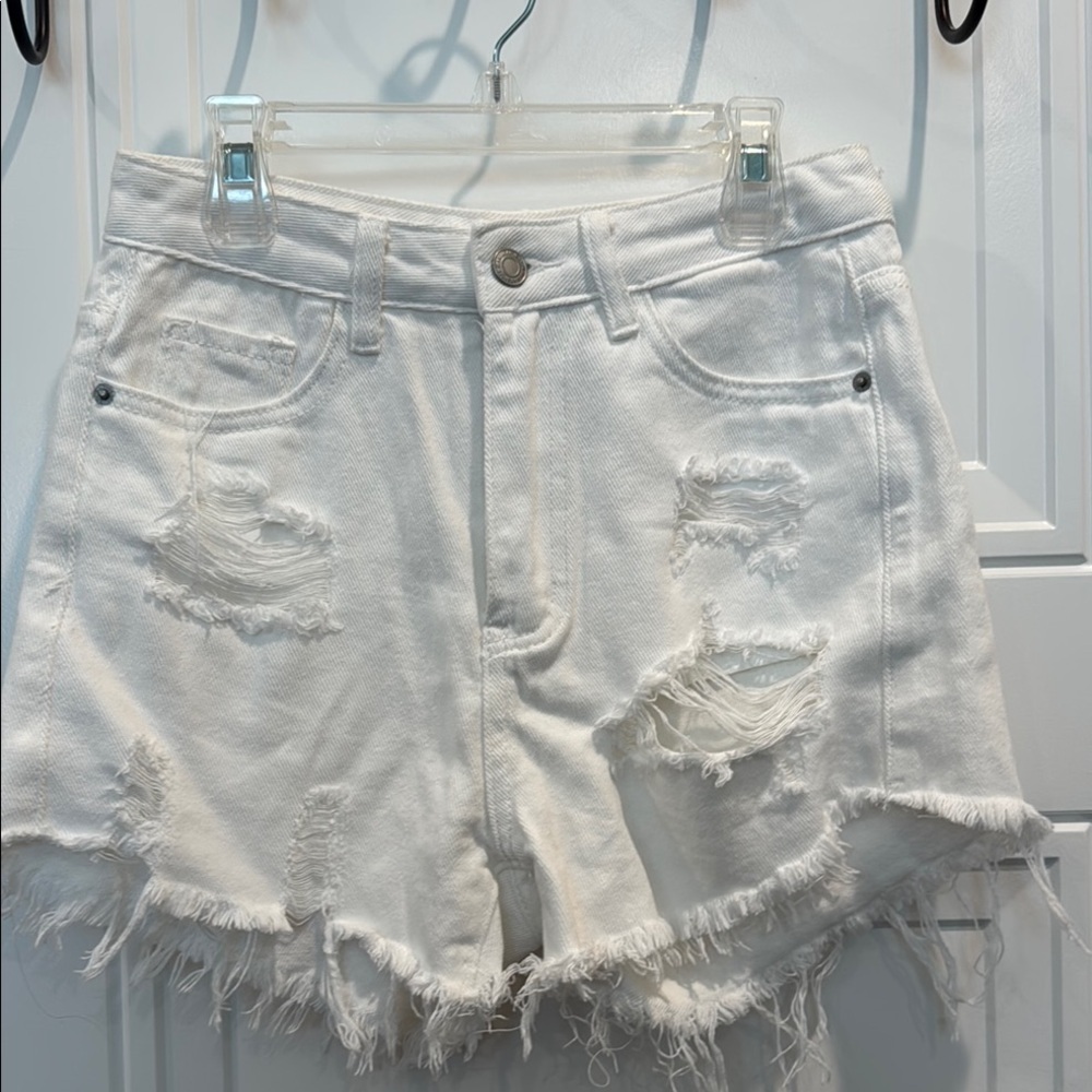 SHEIN White Distressed Jean Shorts with Frayed Hem